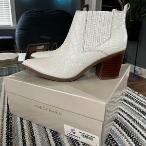 Marc Fisher white leather croc booties